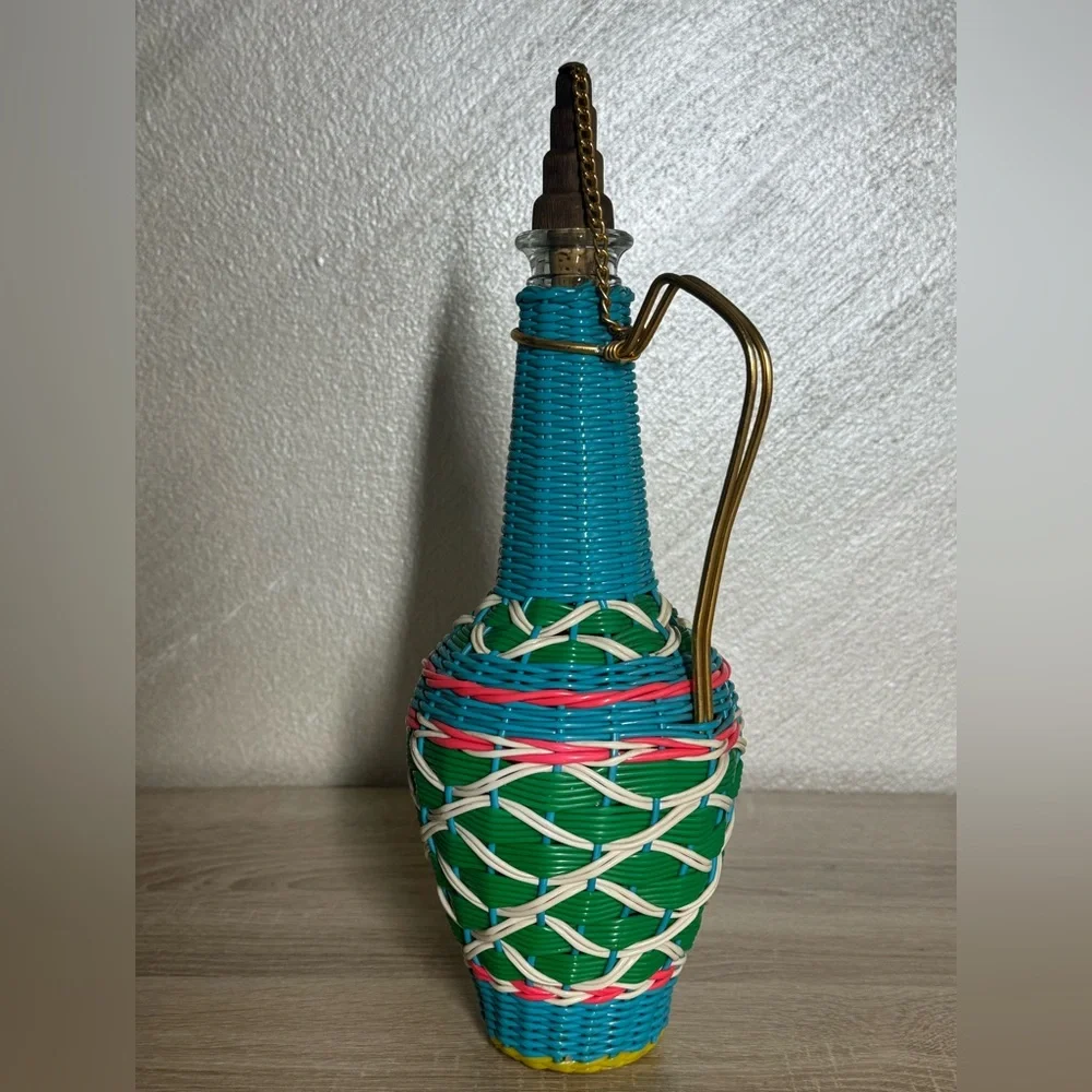 Vintage Spain Wine Bottle Plastic Woven Wicker Metal Handle